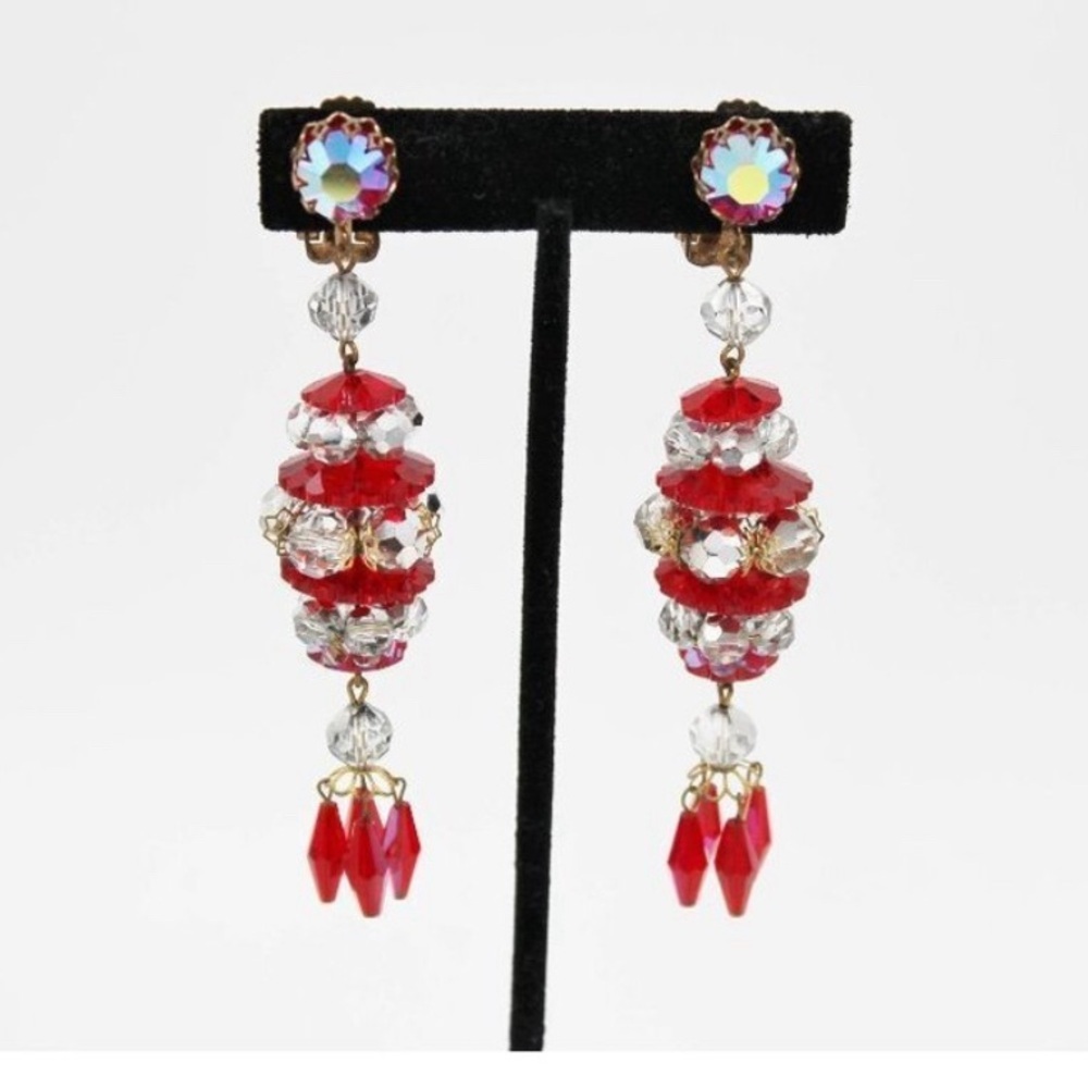 Vintage Red AB Crystal Rhinestone Statement Dangle Earrings
